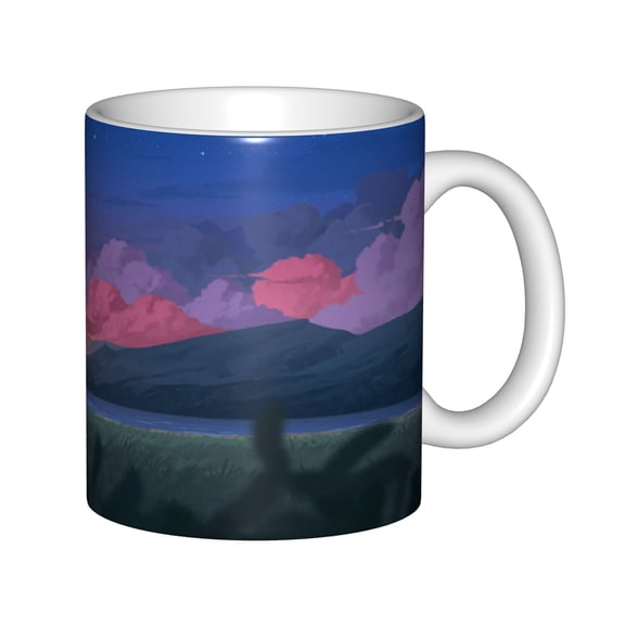 11oz White Ceramic Mug, Purple Night Sky Mountain Landscape Coffee Cup, Aesthetic Clouds Tea Mug for Office Home Gifts