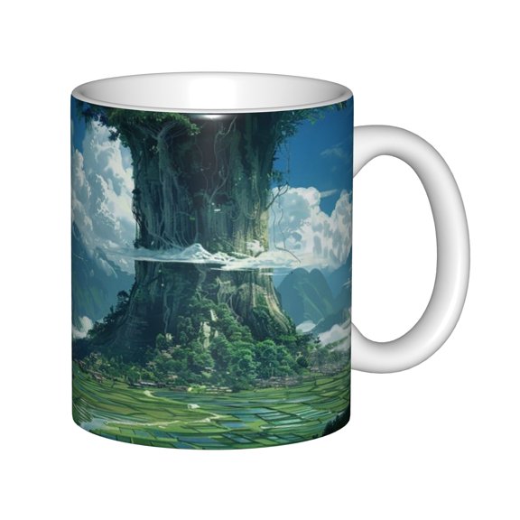 11oz White Ceramic Mug with Ancient Giant Tree and Fantasy Forest Landscape Print, Anime Style Nature Coffee Cup for Home and Office Gift