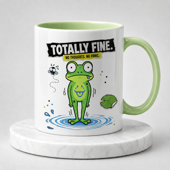 11oz White Light Green Interior Accent Ceramic Coffee Mug, Totally Fine No Thoughts No Panic Blank-Stare Piklo Puddle Frog Sticker Graphic Novelty Cup, Funny Gift for Overwhelmed People & Frog Lovers