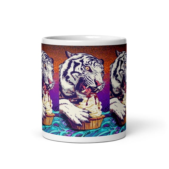 11oz White Tiger Cupcake Art Ceramic Mug
