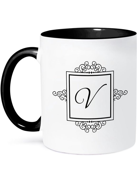 11oz black ceramic mug with personalized Initial Letter V monogram, elegant fancy black & white typography design. Stylish minimalist daily drinkware, refined custom monogram gift for home, office an