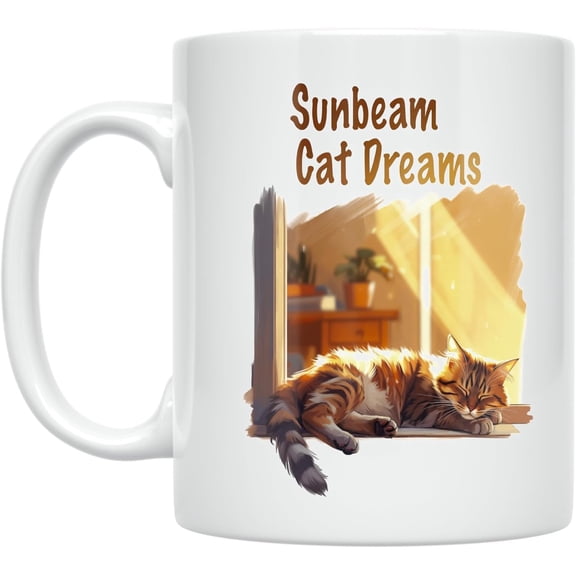 This 11oz white ceramic coffee mug is specially designed for cat enthusiasts, featuring the lovely "Sunbeam Cat Dreams" design, perfect for daily coffee drinking and cat lovers' collection.