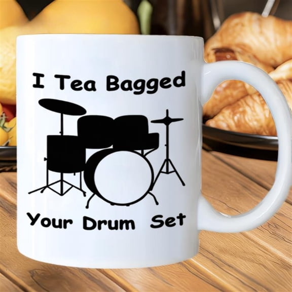 11oz white ceramic mug features drum set and playful tea bag patterns. Microwave and dishwasher safe, ideal for daily drinks and breakfast. Great for home, office use and a nice gift for music lovers