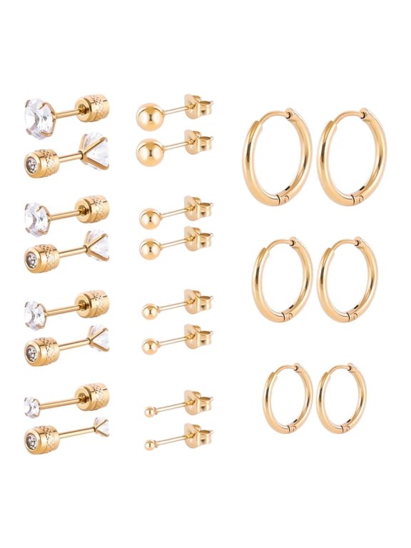 11pairs Surgical Steel Earrings for Sensitive Ears Hypoallergenic 20G Flatback Heart Star Square Ball CZ Stud Earrings Small Cartilage Huggie Hoop Earrings 8/10/12MM for Women Men