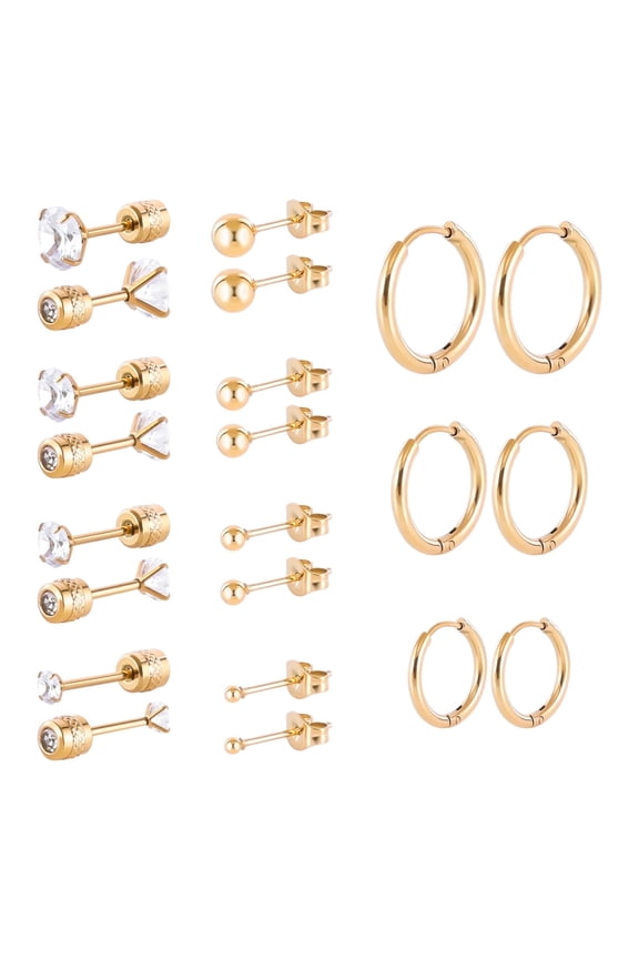 11pairs Surgical Steel Earrings for Sensitive Ears Hypoallergenic 20G Flatback Heart Star Square Ball CZ Stud Earrings Small Cartilage Huggie Hoop Earrings 8/10/12MM for Women Men