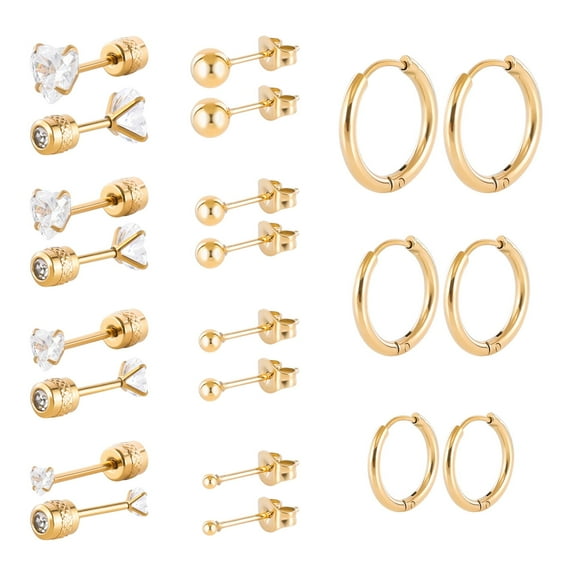 11pairs Surgical Steel Earrings for Sensitive Ears Hypoallergenic 20G Flatback Heart Star Square Ball CZ Stud Earrings Small Cartilage Huggie Hoop Earrings 8/10/12MM for Women Men