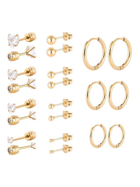 11pairs Surgical Steel Earrings for Sensitive Ears Hypoallergenic 20G Flatback Heart Star Square Ball CZ Stud Earrings Small Cartilage Huggie Hoop Earrings 8/10/12MM for Women Men