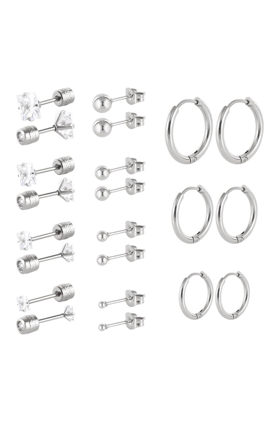 11pairs Surgical Steel Earrings for Sensitive Ears Hypoallergenic 20G Flatback Heart Star Square Ball CZ Stud Earrings Small Cartilage Huggie Hoop Earrings 8/10/12MM for Women Men