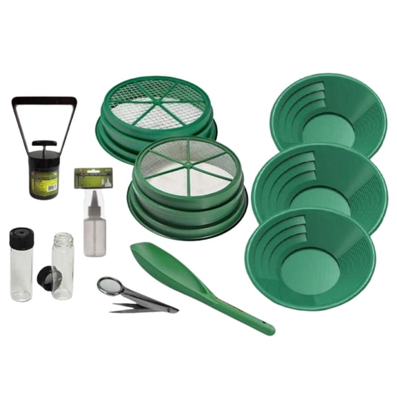 11pc Gold Panning Kit 1/8 & 1/2 Classifiers 14" 10" 8" Green Gold Pans, Collection Tools, Scoop, Tweezers