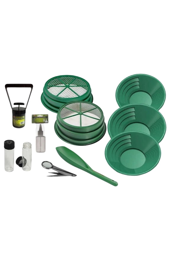11pc Gold Panning Kit 1/8 & 1/2 Classifiers 14" 10" 8" Green Gold Pans, Collection Tools, Scoop, Tweezers