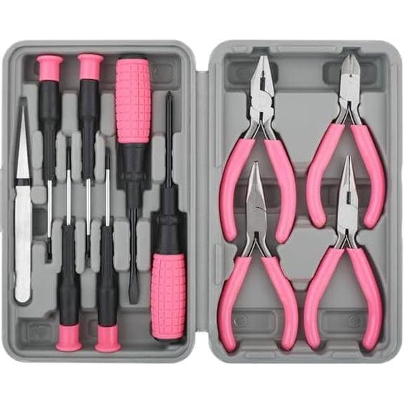 11pc Pink Womans Compact Crafts & Home DIY Repair Hand Tool Kit Set with Pliers, Cutters and Precision Screwdrivers for Ladies