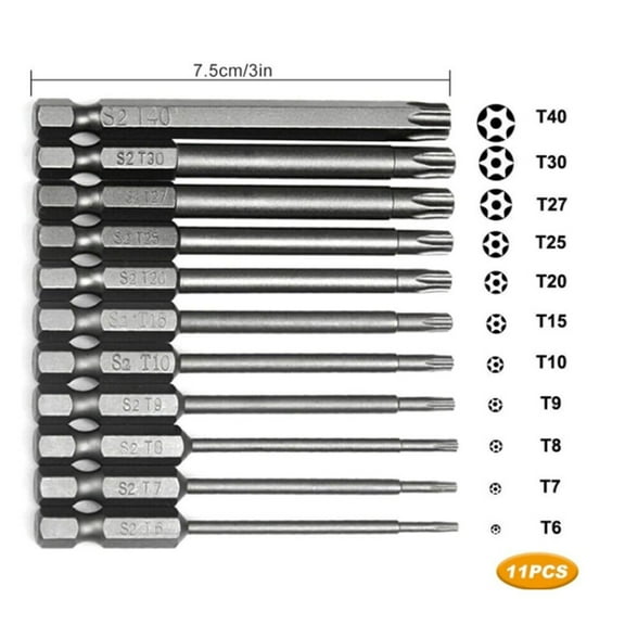 11pcs 100mm for Torx Head Screwdriver Bit Set Magnetic Hex Shank Long Drill Bits