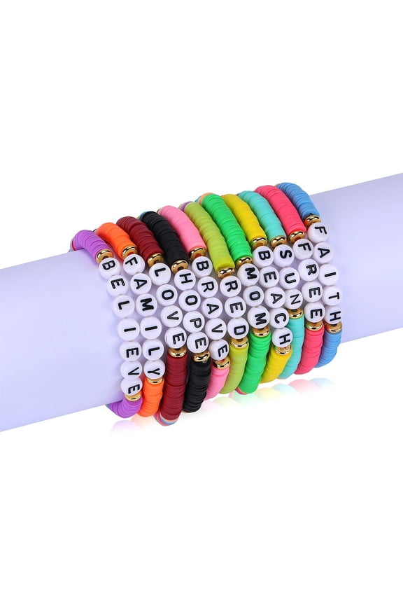 11pcs 11 style Polymer Clay Heishi Surfer Stretch Bracelets set Inspirational Word Acrylic Stackable Preppy Bracelets Mixed color Inner Diameter: 2 inch(5cm) 1pc/color