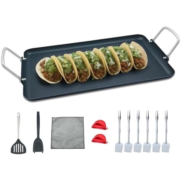 11pcs 19Inch Nonstick Taco Griddle Pan, Rectangular Cast Iron Griddle, Comales para Tortillas Cooking Pan for Stove Tops | 2 - Burner, Detachable Handles | Stove/Outdoor/Camping