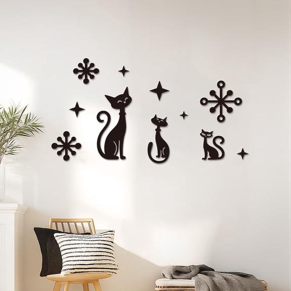 11pcs Black Cat Panel Wall Art Aesthetic Wall Decal Black Cat Atomic Star PVC Home Decor