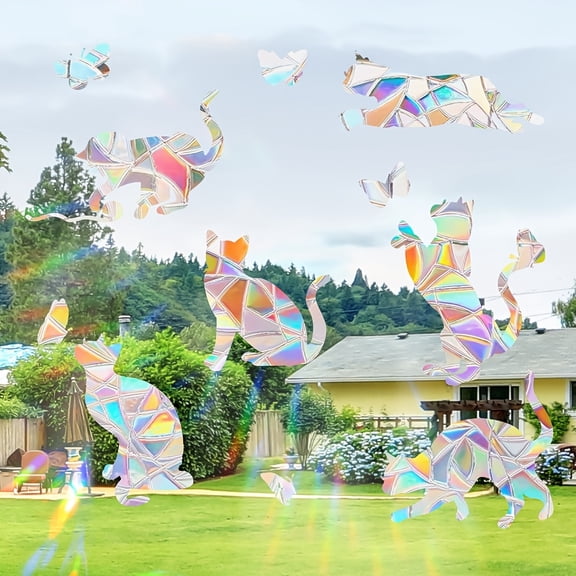 11pcs Cat & Butterfly Sun Catchers, Reusable Prism Film for Bird Collision Prevention, Non-Adhesive PVC Decal for Smooth Glass, Spring Summer Rainbow Decor