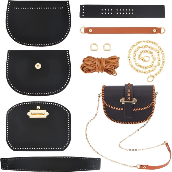 11pcs DIY Leather Knitting Crochet Bags Making Set Black Pre-Cut Leather Craft Bag Sewing Material Crossbody Bag Making All Accessories Saddle Bag Making Supplies 8.25.9 Inch