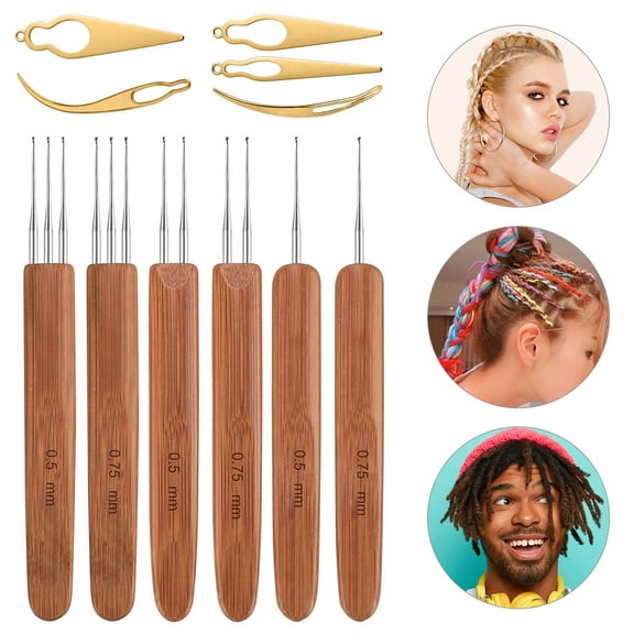 11pcs Dreadlocks Crochet Hooks Set, EEEkit 0.5mm 0.75mm Dreadlock Weaving Needle, Steel Crochet Hook with Bamboo Handle Interlocking Needles, Hair Locking Tool Accessories for Braid Craft