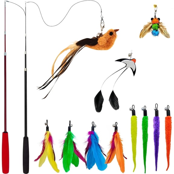 11pcs Interactive Cat Wand Toy Set 2 Retractable Wands Feather Toys, Plush Bird, Worms, Insect & Swallow Cat Teaser Toys for Indoor Cats & Kittens
