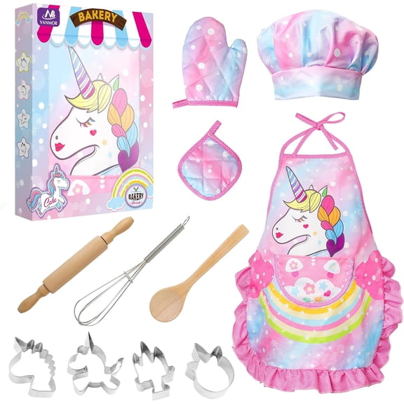 11pcs Kids Unicorn Cooking and Baking Sets for Girls, Pink Apron & Chef Hat Dress up Chef Costume Gifts for 3-8 Years Old Girls