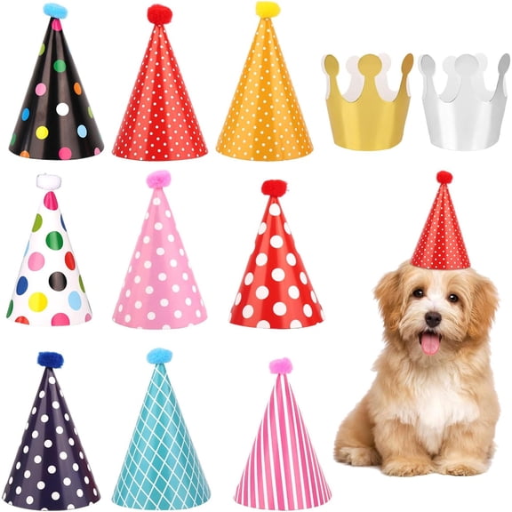 11pcs Pet Hat Set, Cat Birthday Hat Dog Birthday Hats Colorful Cat Pompons Hats with Adjustable Elastic Cord Mini Puppy Themed Party Supply for Kittens Dogs Rabbits Birthday Photo Props