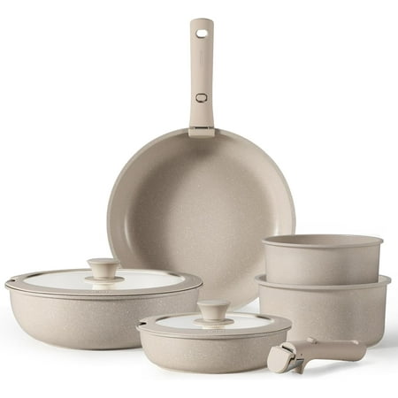 11pcs Pots and Pans Set, Nonstick Cookware Set Detachable Handle, Induction Kitchen Cookware Sets Non Stick with Removable Handle, RV Cookware Set, Oven Safe, Taupe