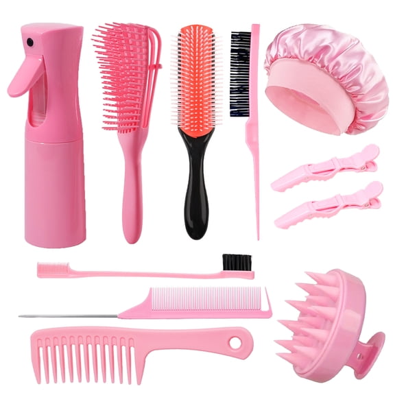 Kuaixian Professional Hairdressing Tool Set Anti-Knot Brush Wide-Tooth Comb Spray Bottle Satin Cap for Wig & Real Hair Care 11 Pieces