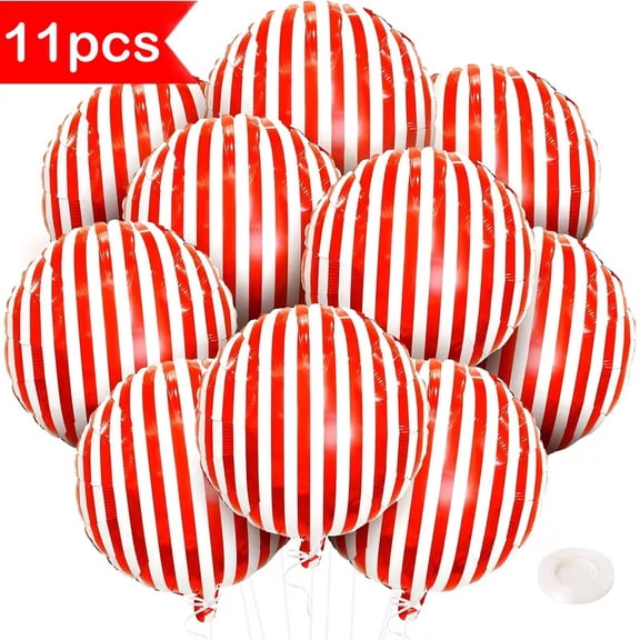 11pcs Red and White Striped 18 Inch Aluminum Film Balloons for Carnival and Party Decorations