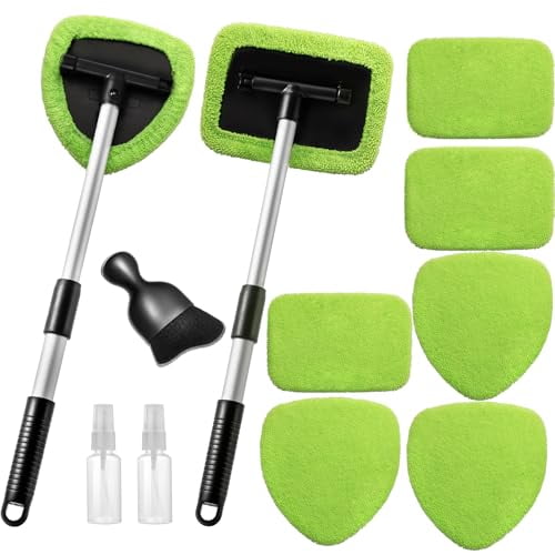 11pcs Windshield Cleaner Tool,Car Window Cleaning Wash Kit with 6 Reusable Microfiber Pads 2 Spray Bottles and Extendable Handles Auto Glass Wiper Kit,Green