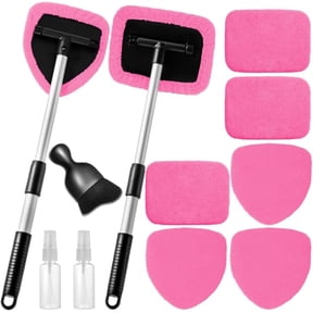 11pcs Windshield Cleaner Tool,Car Window Cleaning Wash Kit with 6 Reusable Microfiber Pads 2 Spray Bottles and Extendable Handles Auto Glass Wiper Kit,Pink