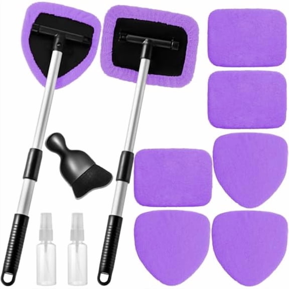 11pcs Windshield Cleaner Tool,Car Window Cleaning Wash Kit with 6 Reusable Microfiber Pads 2 Spray Bottles and Extendable Handles Auto Glass Wiper Kit,Purple