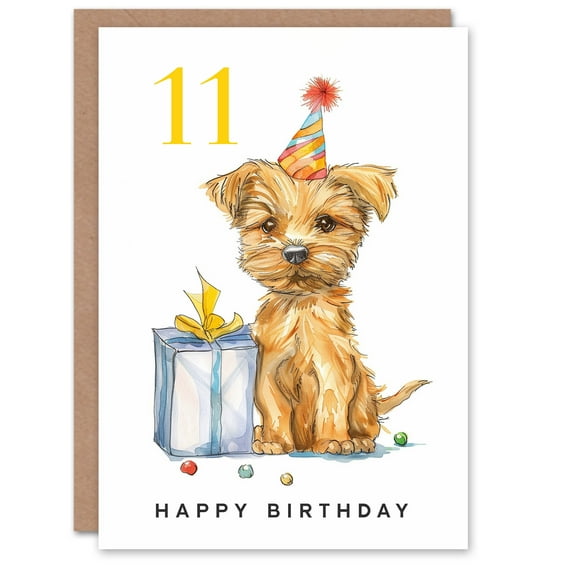 11th Birthday Card Cute Terrier Dog Puppy Party Hat Kids Age 11 Year Old Child For Son Daughter Girl Boy Happy Card