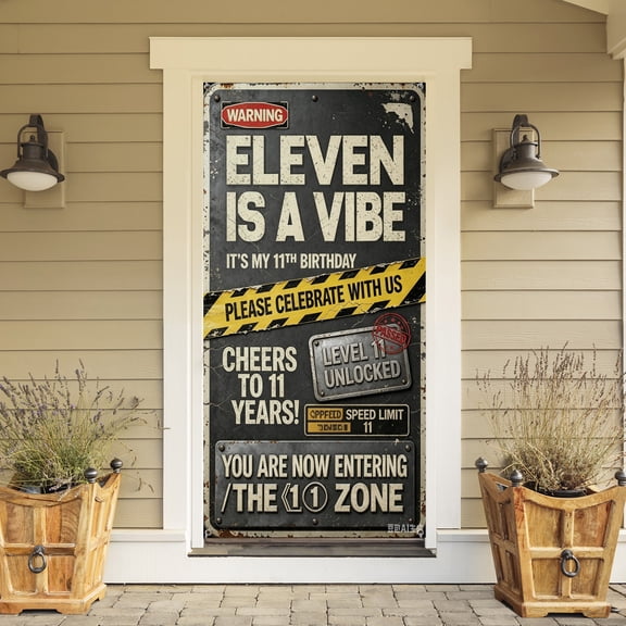 11th Birthday Decorations Boys Girls, Black Eleven is A Vibe Banner Backdrop,Caution Logo Themed 11 Years Old Party Yard Door Wall Cover Background