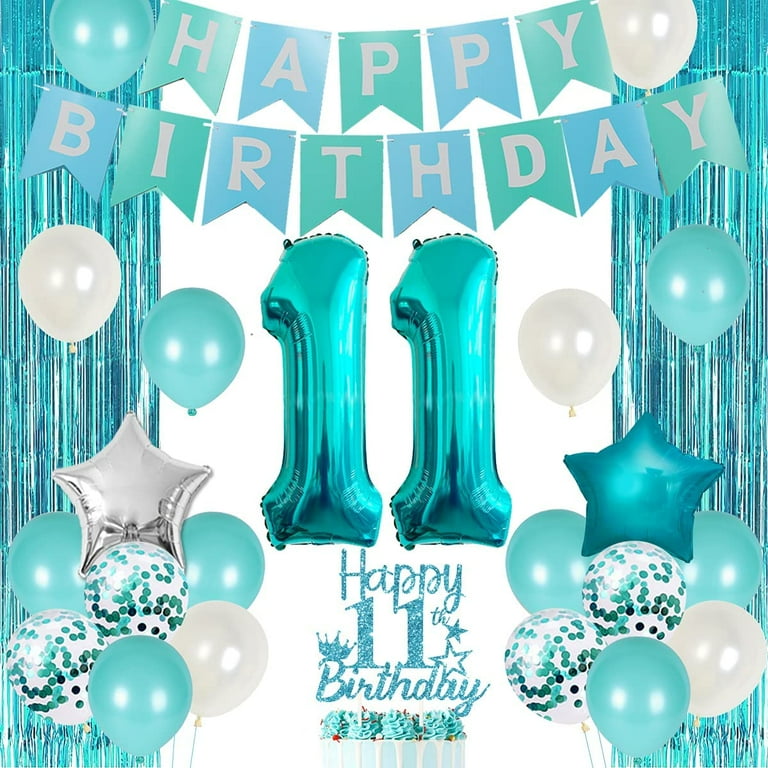 11th Birthday Decorations for Girls Teal - Happy 11th Birthday Decorations  Eleventh Birthday Cake Topper Teal Fringe Curtain Turquoise Banner Number  11 Foil Balloon, 11 Year Old Girl Gift Ideas 