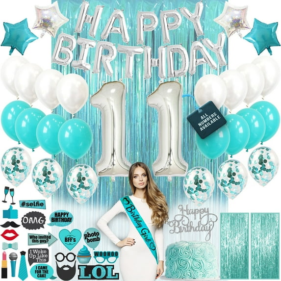 11th Birthday Decorations Party Supplies, Teal Green Party Decoration Banner and Balloons, Photo Props, Eleven Birthday, 11th Party Supplies