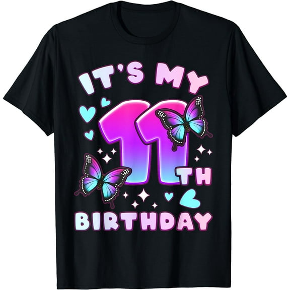 11th Birthday, Girl 11 years, Butterflies and Number 11 T-Shirt Black Small