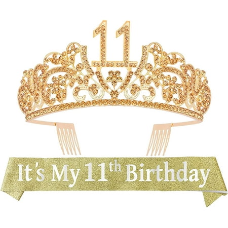 11th Birthday Glitter Sash & Gold Tiara Set - Fabulous Rhinestone Flowers, Princess Party Gifts