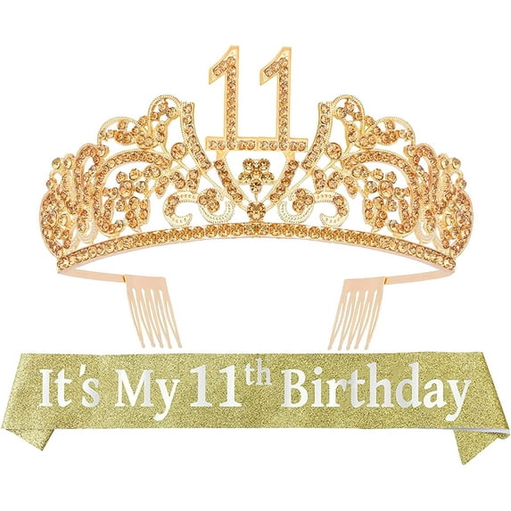11th Birthday Glitter Sash & Gold Tiara Set - Fabulous Rhinestone Flowers, Princess Party Gifts