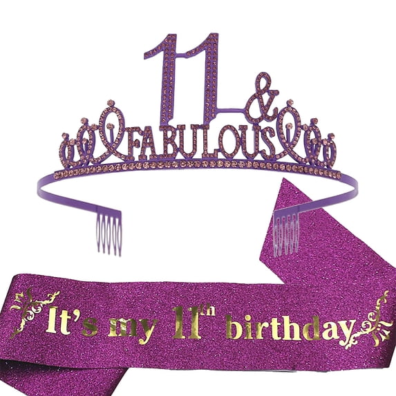 11th Birthday Glitter Sash & Purple Rhinestone Tiara Set for Girls