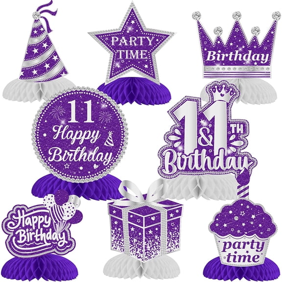 11th Birthday Honeycomb Centerpieces, 8 Pieces Purple Silver 11 Year Old Birthday Decorations Table Centerpieces Table Sign Toppers for Girls Boys