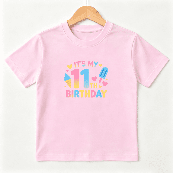 11th Birthday Ice Cream Girls Graphic Tee, Cute Sweet Party 100% Cotton Kids Short Sleeve T-Shirt