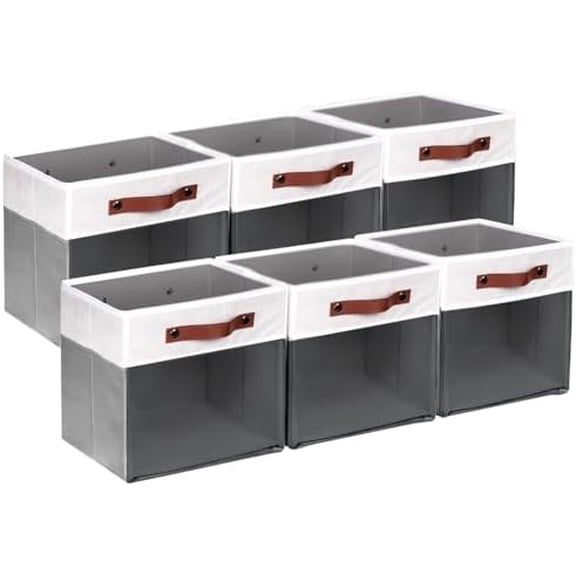 11x11 Cube Storage Bins for Cube Organizer, Clear Fabric Storage Cubes for Storage Shelves, Collapsible Decorative Storage Bins for Clothes Closet Toys Cubby Storage Bin(White Gray 6 PCS
