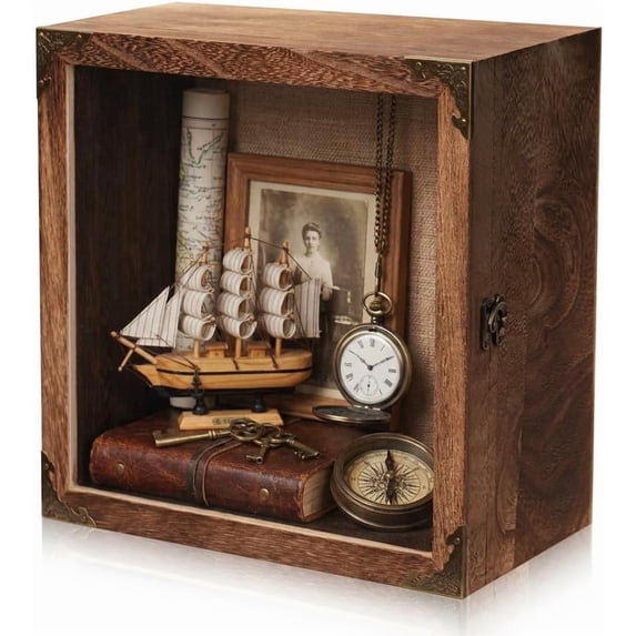 11x11 Deep Shadow Box Frame, 4.5" Depth – Burnt Wood Display Case with Acrylic Door, Vintage Metal Corners. Holds Medals, Photos, Coins, Awards, Wedding & Military Keepsakes
