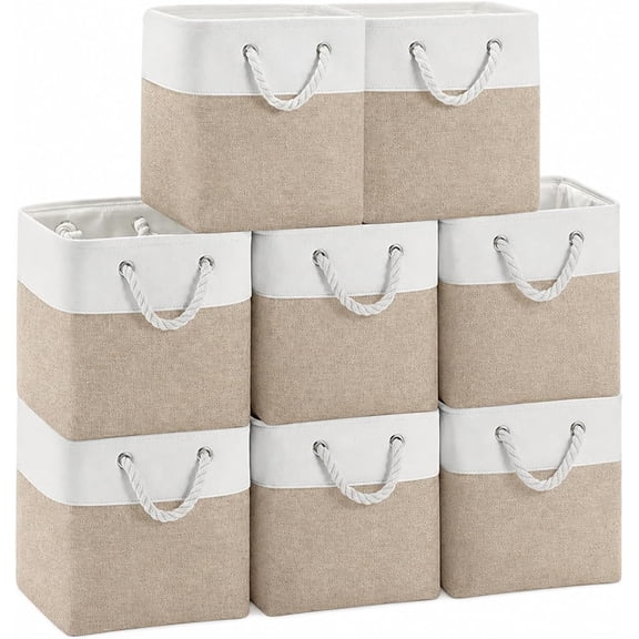 11x11 Inch Cube Storage Bins with Collapsible Fabric Storage Cubes 8 Pack, White Beige Gold