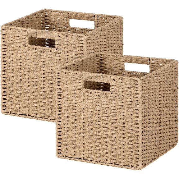 11x11 Inch Wicker and Paper Rope Storage Baskets (2-Pack) - Foldable Cube Organizer Bins for Shelves, Closet, Hand-Woven（Natural Beige）