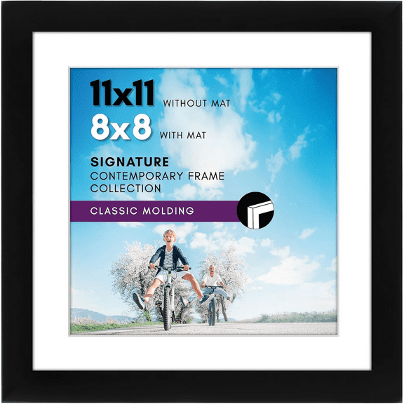 11x11 Picture Frame with Shatter-Resistant Glass - Use as 8x8 Frame with Mat or Display 11x11 Photo Without Mat - Signature Collection - Square Frames for Wall Display - Black