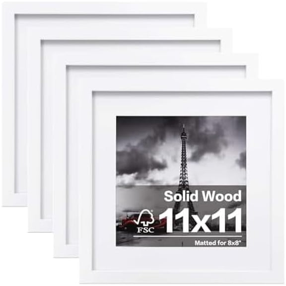 11x11 Picture Frames 4 PCS, Made of Solid Wood Covered by Plexiglass for Pictures 4x4/8x8 with Mat for Table Top Display and Wall Mounting Square Photo Frame White