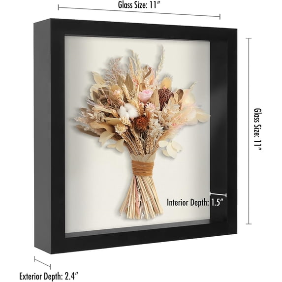 11x11 Shadow Box Frame with Shatter-Resistant Glass - Silhouette Collection - Large Shadow Box Display Case for Tabletop and Wall Display - Black with Soft Felt Back