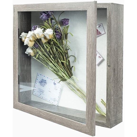 11x11 Shadow Box Picture Frame - 2.16" Interior Deep Wood & Glass Display Case Ready to Hang Memory Box Baby Sports Memorabilia, Wedding, Tickets, and Photos (Texture Gray)