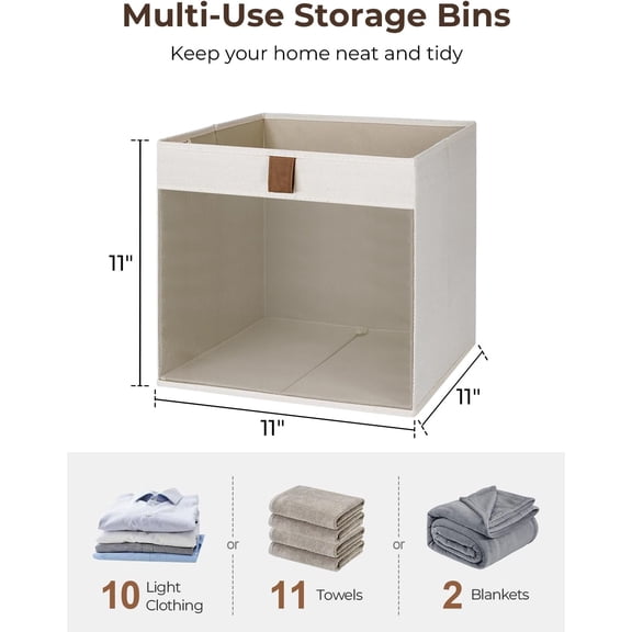 11x11 Storage Cubes, Closet Storage Bins with Clear Window, Fabric Organizer for Clothes, Collapsible Storage Baskets with PU Handles, Beige, 3-Pack